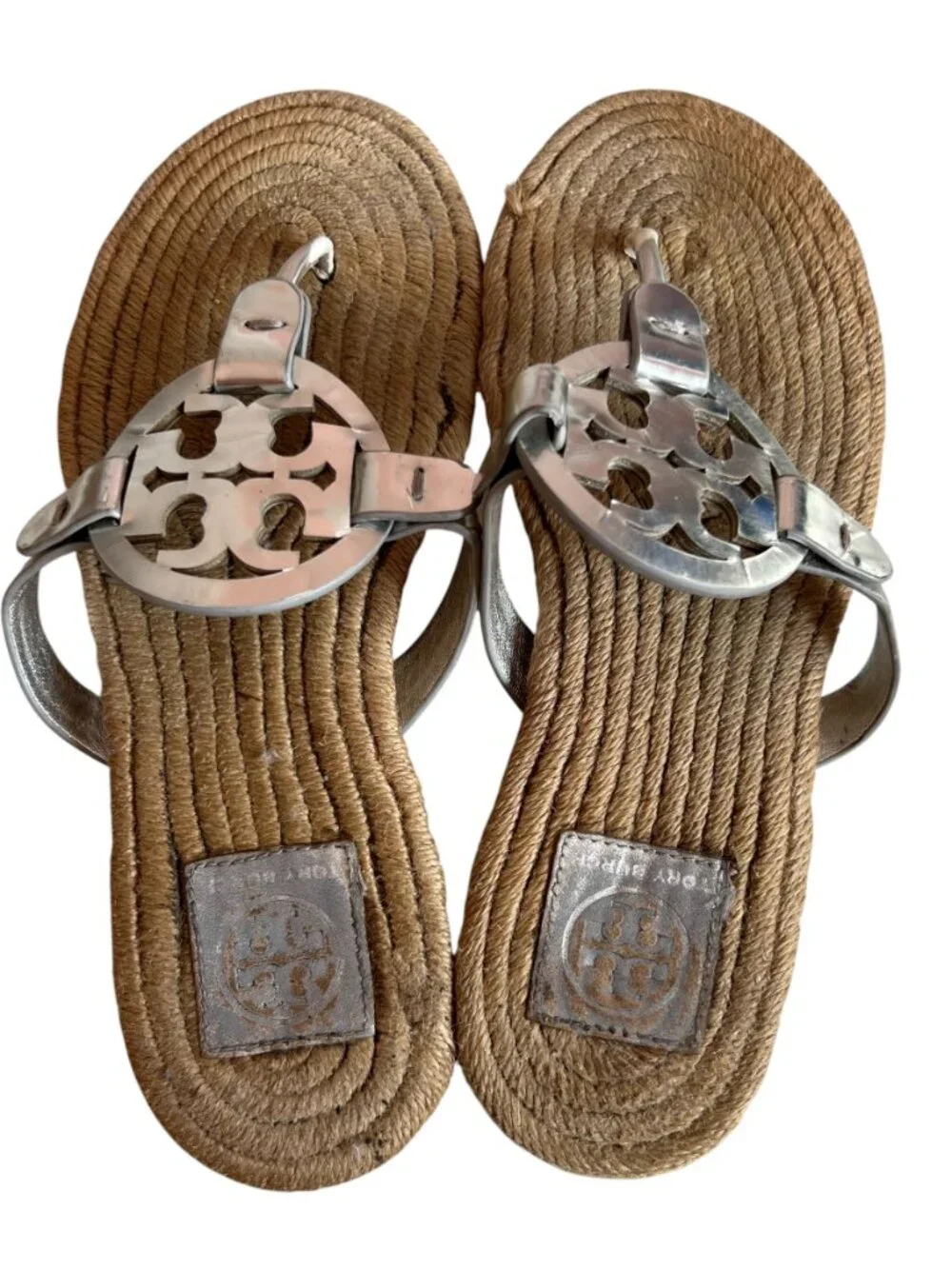 Tory Burch sandals Miller Espadrille silver leather flat 8.5 9 thong laser cut